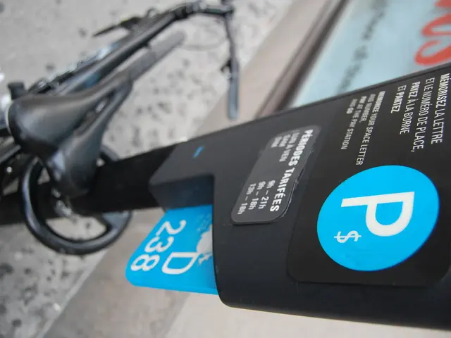 This image consists of a cycle kept on the ground. On the right, we can see a parking meter. At the...