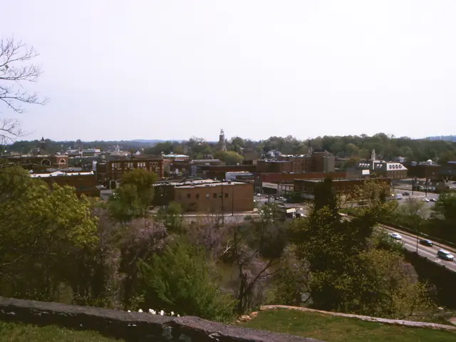 This is a picture of a city, where there are buildings, trees, poles, roads, vehicles , sky.